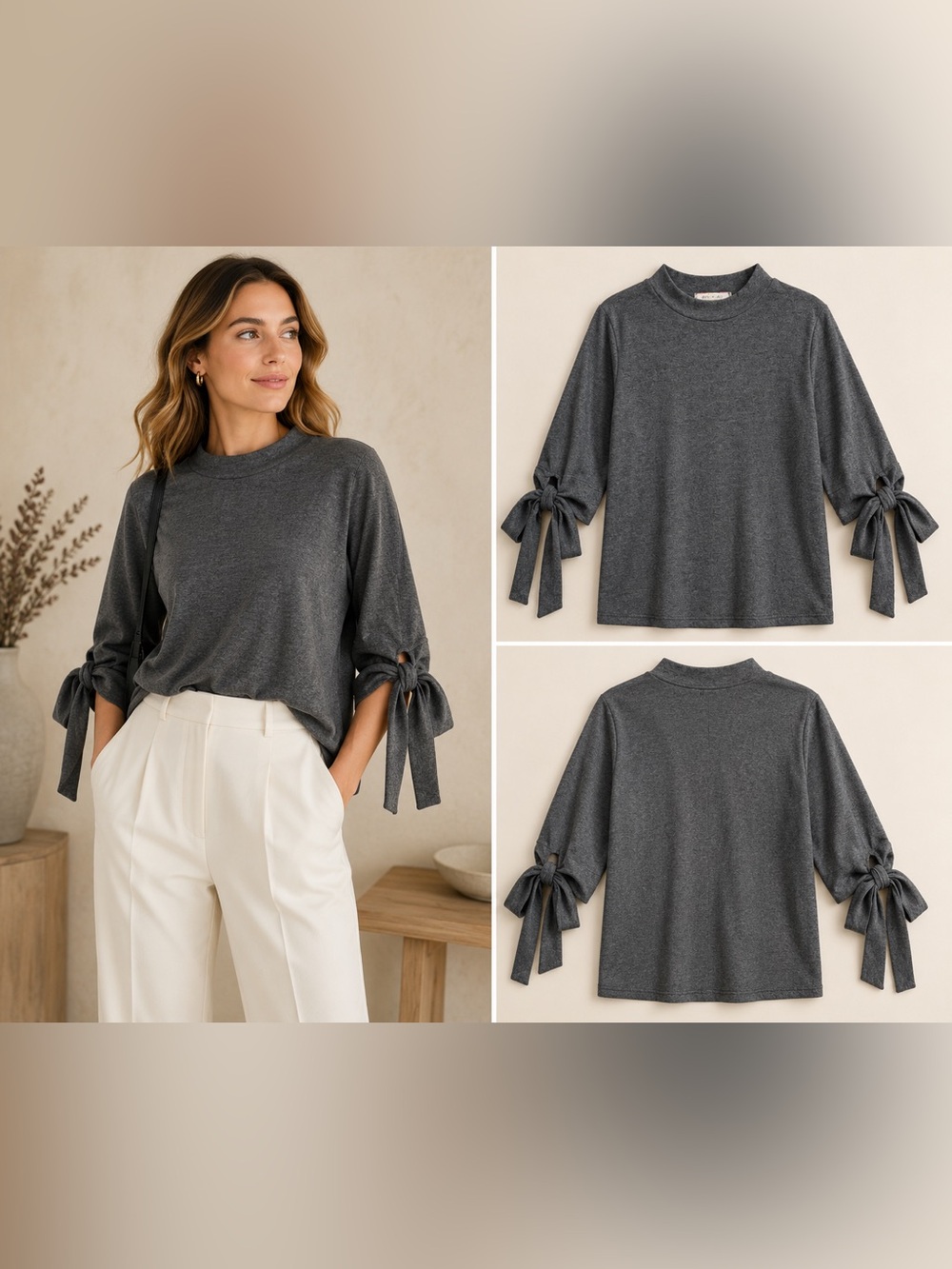 Eri + Ali by Anthropologie Mock Neck Bow Sleeve Top Charcoal Gray M
